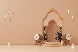 3D-renderingsbild av ramadan och eid fitr adha mubarak temahälsningsbakgrund med islamiska dekorationsobjekt foto