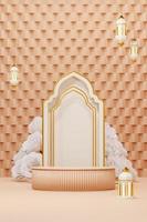 3D-renderingsbild av ramadan och eid fitr adha mubarak temahälsningsbakgrund med islamiska dekorationsobjekt foto