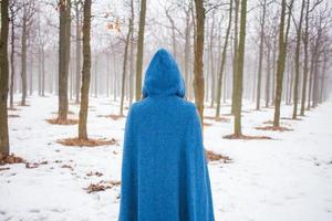 ung kvinna i retroblå kappa går i den dimmiga parken under vintertid, snö och trädbakgrund, fantasi eller fekoncept foto