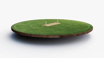 cricketstadion framifrån på cricketplan eller bollsportspel, grässtadion eller cirkelarena för cricketserier, grön gräsmatta eller mark för slagman, bowlare. utmark 3d illustration foto