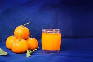 glas apelsinjuice och frukt med torkade löv foto