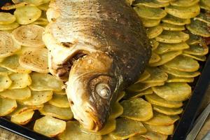 bakad karp, hel fisk från ugnen med skivad potatis på en stor bricka. traditionell polsk maträtt foto