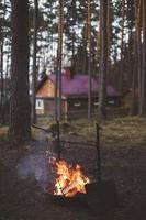vila vid en eld i skogen foto