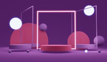3D-renderingskoncept av futuristiska glödande led-linjer lyser fyrkantigt med ett tomt podium i lila tema för kommersiell kosmetisk lyxdesign. 3d-rendering. 3d illustration. abstrakt ljus koncept. foto