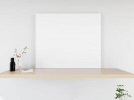 mock up av affischram i trägolv modern interiör i vardagsrum med några träd isolerade på ljus bakgrund, 3d-rendering, 3d-illustration foto