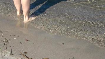 unga kvinnliga fötter som går i det grunda vattnet vid en strand vid Östersjön på sommaren foto