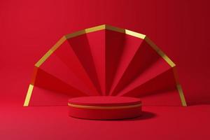 3D-rendering röd och guld färg kinesiska nyåret scen podium med röd blomdekoration. östlig stil produkt mockup display piedestal för festival reklam illustration foto