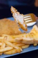 stekt fisk med chunkiga chips.