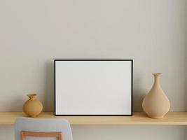 modern och minimalistisk horisontell svart affisch eller fotoram mockup på väggen i vardagsrummet. 3d-rendering. foto
