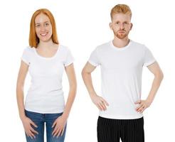 rött hår flicka och man i vit t-shirt uppsättning isolerade kopia utrymme, vit t-shirt collage manliga och kvinnliga foto