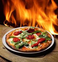 foto av pizza på en trasig platta framför en eldstad
