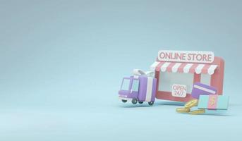 3D-rendering av datorskärm smartphone leverans lastbil pengar och kreditkort koncept för online marknadsföring shopping e-handel i pastell tema. 3d render illustration. foto