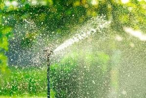 automatisk gräsmatta sprinkler vattning grönt gräs. sprinkler med automatiskt system. trädgård bevattningssystem vattning gräsmatta. vattenbesparing eller vattenbesparing från sprinklersystem med justerbart huvud. foto