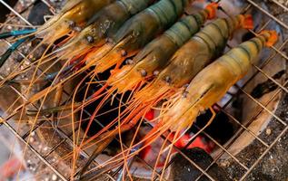 grillade räkor på kolgrill. gigantiska sötvattenräkor grillar på en flammande koleld. närbild jätte flod räkor matlagning på grill rack. laga mat till festen. thailändsk matkultur. foto