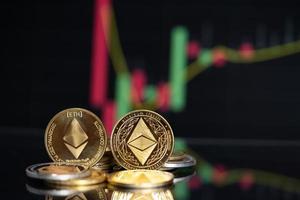 fokus välj och suddig gyllene ethereum eth och ethereum classic etc grupp kryptovalutasymbol och aktiediagram ljusstake på surfplattor. använda teknik kryptovaluta blockchain. med kapitalvinst. foto