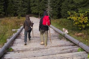 ungt par vandrare med termoskoppar i skogen, resenärer på berg som dricker te eller kaffe foto