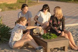 sommarfest av unga vackra kvinnor med vin, badort avkopplande i solig dag foto