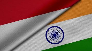 3D-rendering av två flaggor från republiken Indonesien och Indien tillsammans med tygtextur, bilaterala relationer, fred och konflikt mellan länder, perfekt för bakgrunden foto