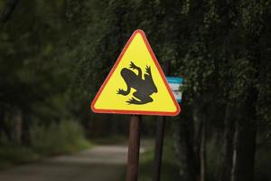 information skylt i Tyskland uppmärksamhet paddor korsar gatan. selektiv fokusering, foto