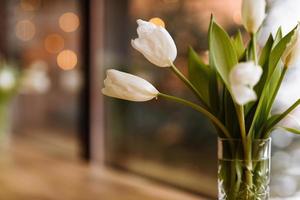 vas med vita blommor på stora fönster bakgrund med träbord. hemmyskoncept. bukett tulpaner i glasvas. foto
