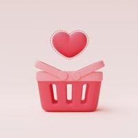 3D-rendering av rosa varukorg med hart float isolerad på pastell bakgrund, alla hjärtans dag försäljning koncept, minimal stil. foto