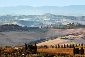 Toscana landskap vid soluppgången. toskansk bondgård, vingård, kullar. foto