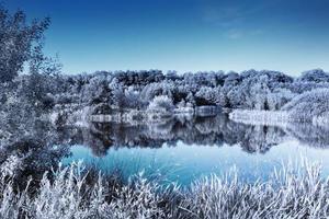 klar sjö i en skog. infraröd effekt som ger en kall vinterlook foto