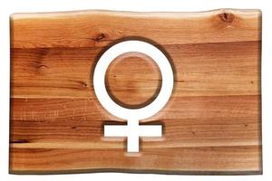 kvinnlig symbol skuren i träskiva isolerad på vitt. foto