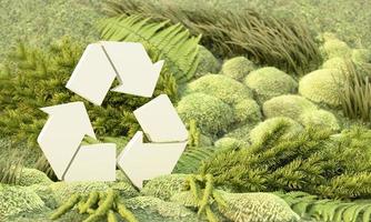 grön jord återvinning koncept jord dag omgiven av jordklot, återvinning symbol ikon och trä hand på en grön bakgrund med floder. realistisk tecknad 3d-rendering foto