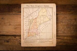 1867, färgkarta över stater i New England, på träbakgrund