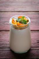 tjock grekisk yoghurt med granola, persikor och mynta foto