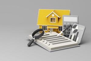 fastighetsinvestering eller försäkring. bostadslåneräntan. spara pengar till pensionskoncept. myntstapel på sedlar med gul husmodell, hemnyckel och tecknad hand. 3d-rendering foto