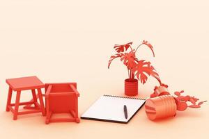 a4 vänt papper med svart urklipp, krukväxt, kaktus, ram och penna på pastellbakgrund. 3d-rendering foto