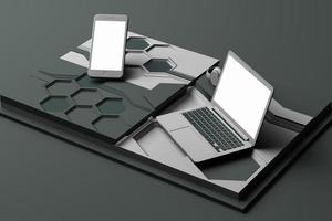 bärbar dator, smartphone och hörlurar med teknologikoncept abstrakt sammansättning av geometriska former plattformar i pastellfärg. 3d-rendering foto