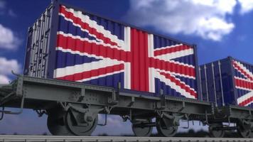containrar med Storbritanniens flagga. järnvägstransporter. 3d-rendering foto