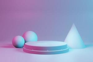 3D-rendering av rosa och blått podium med sfär- och kongeometriformer för produktvisning foto