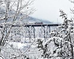 tåg som korsar en bro i snön foto