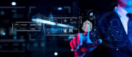 affärsman fingeravtrycksskanning och biometrisk autentisering, cybersäkerhet och fingeravtryckslösenord, framtidsteknik och cybernetik. foto