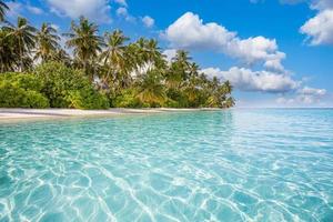 tropisk resort hotell strandparadis. fantastisk natur, kust, strand. sommarlov, reseäventyr. lyxigt semesterlandskap, fantastisk havslagun, palmer med blå himmel. koppla av idyllisk inspirera stranden foto