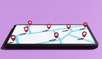 3D-rendering karta och GPS-nål för att markera pekar på kundens plats på lila bakgrund foto