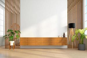 skåp trä för tv på trä lamellväggen i vardagsrummet med minimalistisk design. 3d-rendering foto