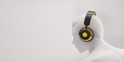 vit modell man med svarta och gula hörlurar på vit bakgrund. musik koncept. 3D-rendering foto
