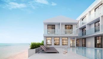 havsutsikt. lyxigt modernt vitt strandhotell med pool. solsäng på soldäck för fritidshus eller hotell. 3D-rendering foto