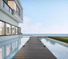 golvdäck gångväg.lyxigt strandhus med pool och havsutsikt.semesterhus, hotell, villa.3d-rendering foto