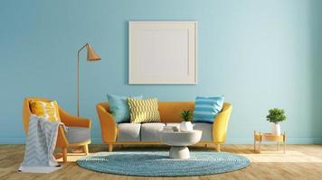 vardagsrum.design med pastellblått och gult.3d-rendering foto