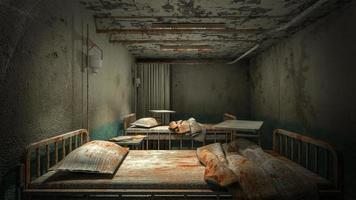 skräck och läskigt avdelningsrum på sjukhuset med blod .3d-rendering foto