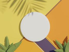 3D-rendering ovanifrån av vit tom cylinderram för mock up och visa produkter med skuggor av palmblad med sommarbakgrund. foto
