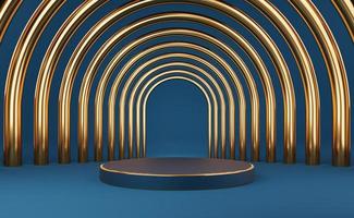 tom blå cylinder podium med guldkant och guldbåge på blå bakgrund. abstrakt minimal studio 3d geometrisk form objekt. mockup utrymme för visning av produktdesign. 3d-rendering. foto