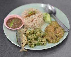 ris med chilipasta, makrill och stekta grönsaker foto