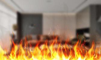 brand, explosion med röda eldslågor i köket i ett vardagsrum med suddig bakgrund, förebyggande. säkerhetsbanner. foto